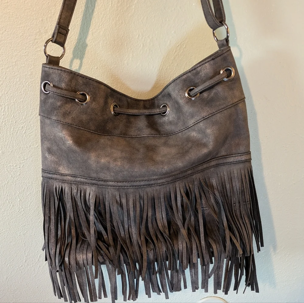 Fringe Faux Leather Hobo Bucket Bag